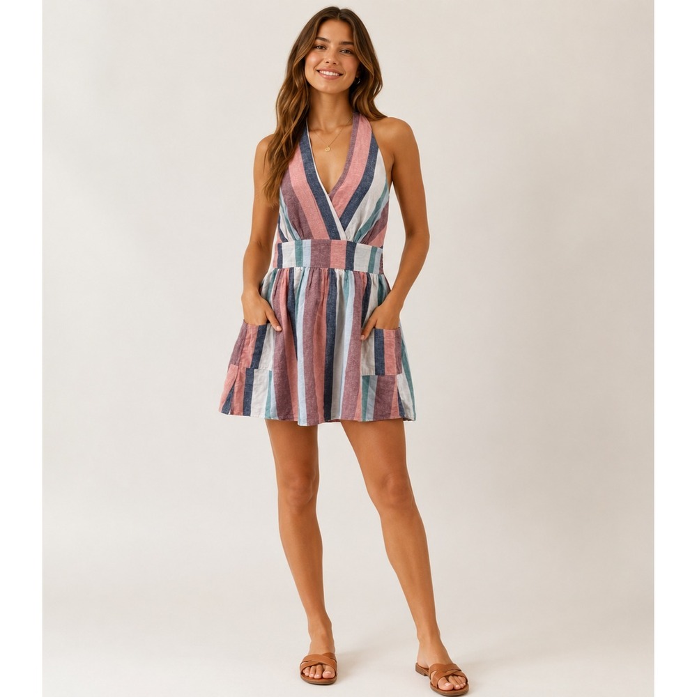 American Eagle Halter Sundress Small Stripe Cotton Linen Blend Lined Pockets NEW